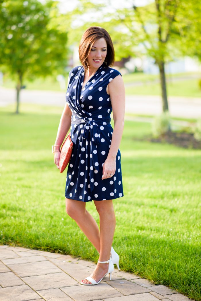 Jo-Lynne Shane wearing a polka dot wrap dress and the most comfortable summer dress sandals!!