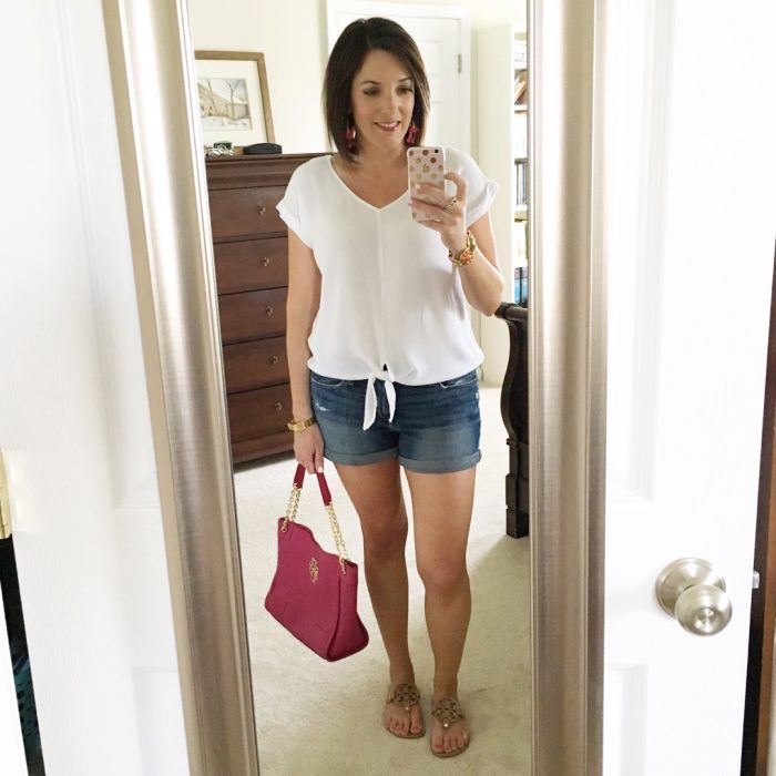 Splendid Crinkle Tie Front Top with Joe's Jeans Rolled Hem Distressed Denim Shorts and Tory Burch Miller Sandals