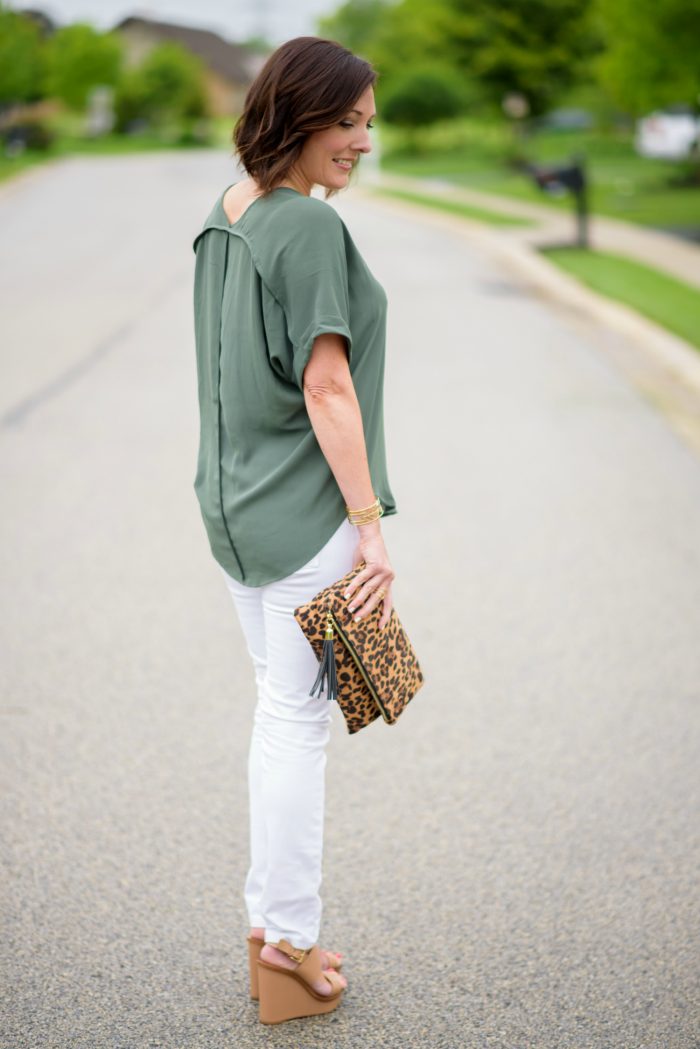 Spring Outfit Ideas: Lush Cuff Sleeve Woven Tee with leopard clutch