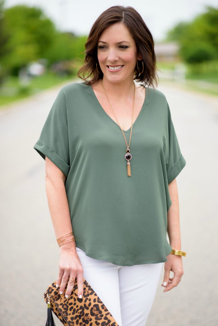 Spring Outfit Ideas: Lush Cuff Sleeve Woven Tee with stone & tassel pendant