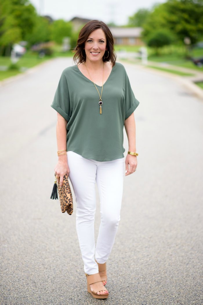 Spring Outfit Ideas: Lush Cuff Sleeve Woven Tee with white DL1961 Florence skinnies
