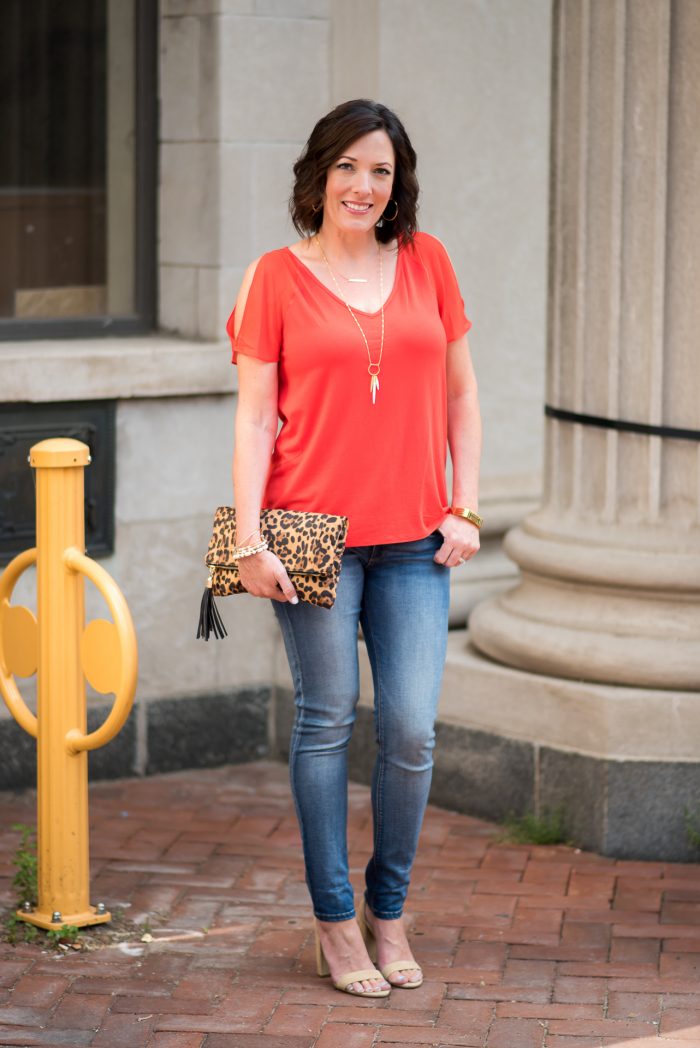 This red cold shoulder top is perfect for pairing with jeans and heels for a fun summer date night outfit!