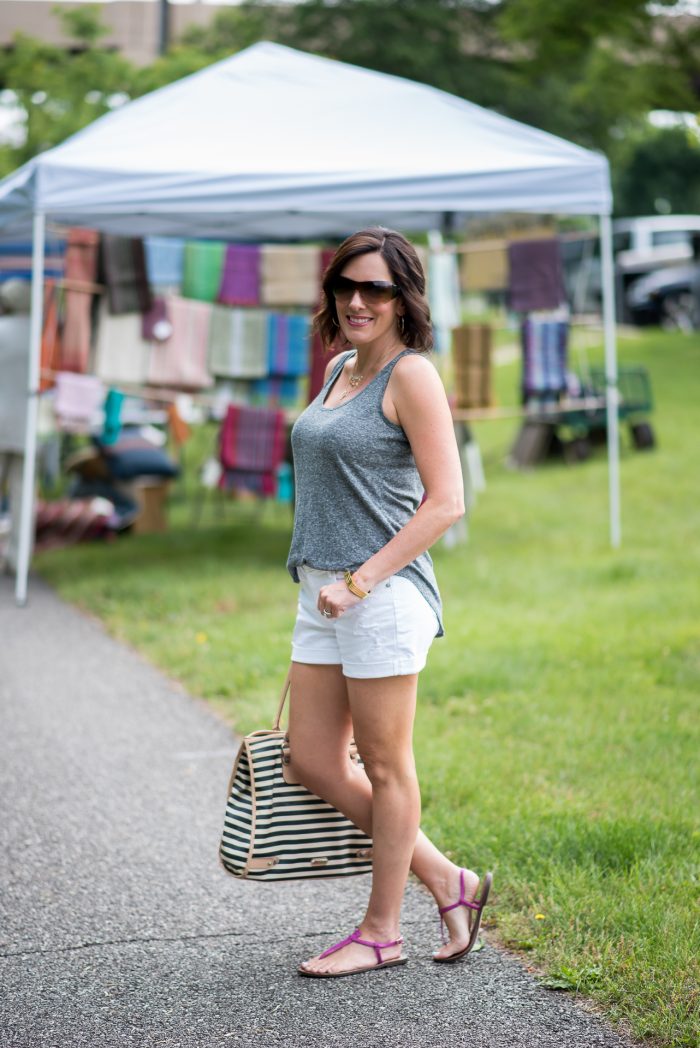 This is the perfect casual Saturday morning farmer's market outfit for summer. Grey linen tank with white jean shorts and a roomy tote for all your goodies!