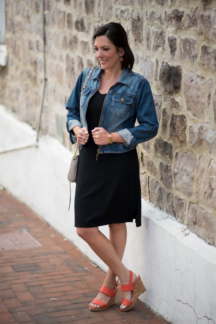 Fashion for Women Over 40: Casual Black Dress Outfit with Orange Wedge Sandals and Denim Jacket