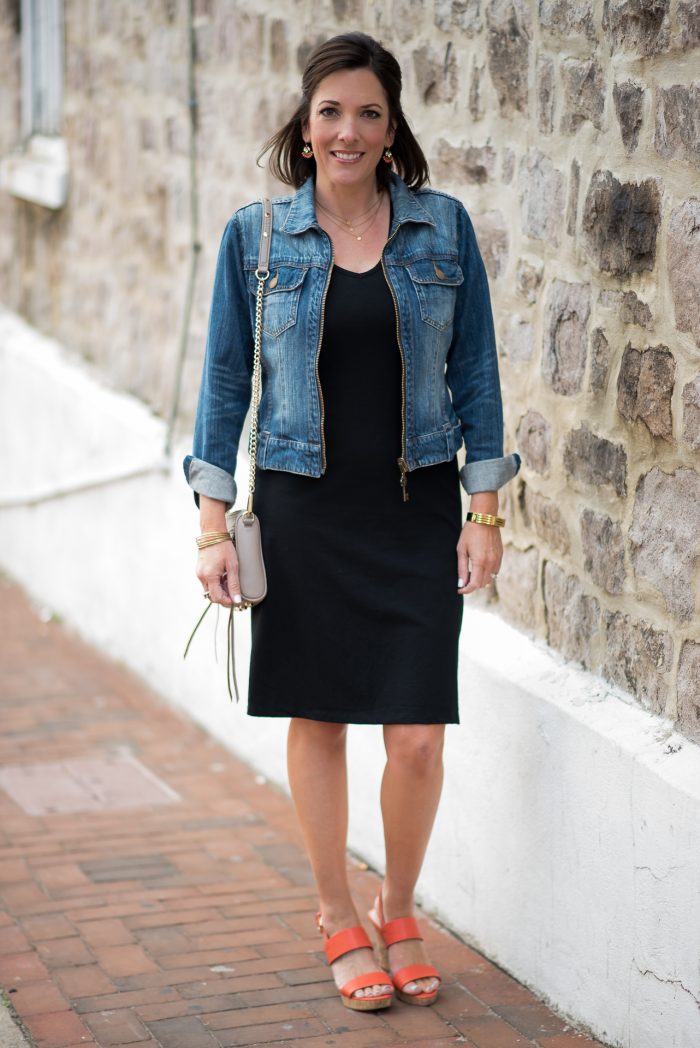 Fashion for Women Over 40: Casual Black Dress Outfit with Orange Wedge Sandals and Denim Jacket