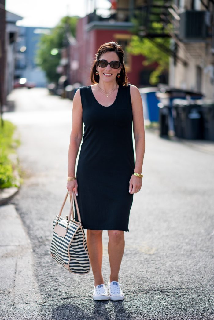 Casual Black Dress with Converse Shoreline Sneakers | Fashion Over 40