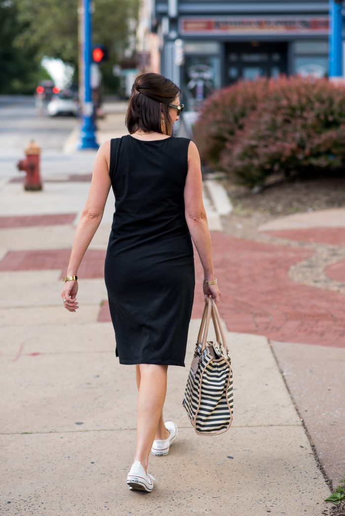 How cute is this Casual Black Dress with Converse Sneakers and Black and White Striped Tote!?!