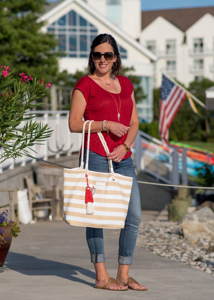 This casual 4th of July outfit for women over 40 is festive but tasteful. Shop your closet to adapt this easy patriotic outfit idea to suit your style.