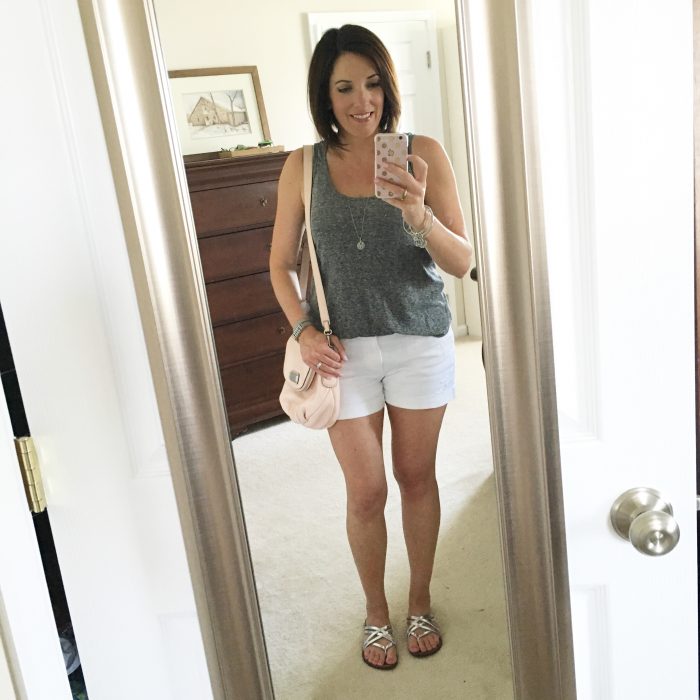 Easy, casual summer outfit: grey tank with white shorts