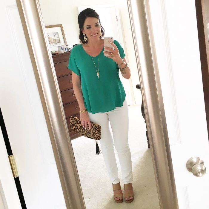 This green mixed media top from LOFT is the perfect partner to your favorite white skinny jeans!