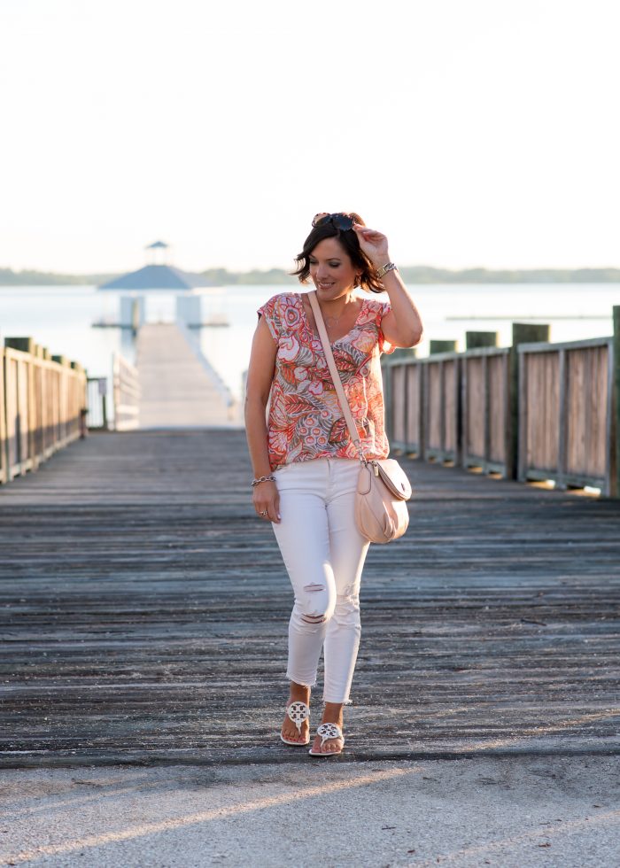 Fashion Over 40: LOFT Verano Linen Shirttail Tee with white distressed crop jeans and white sandals