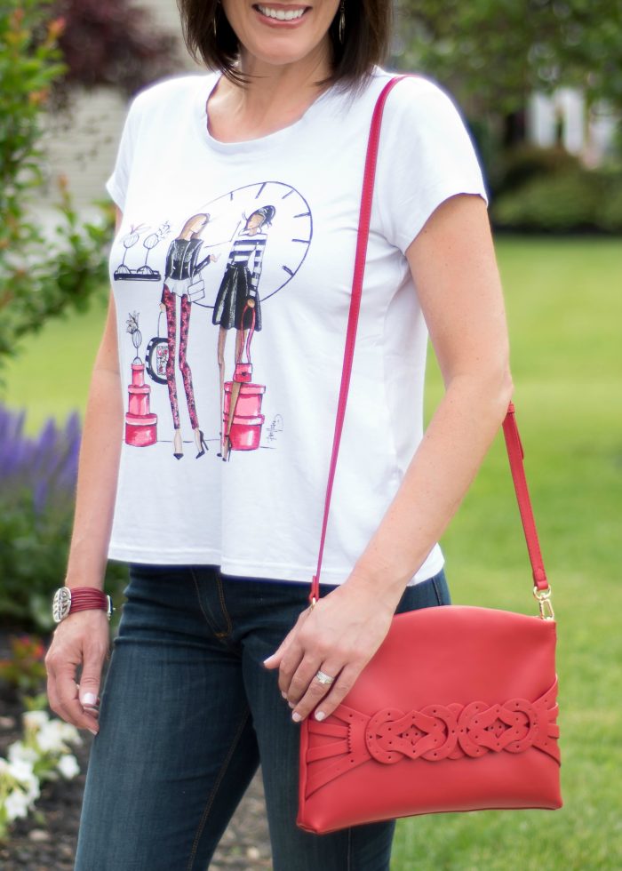 A summer outfit featuring HSN's Alice Through The Looking Glass Collection: Adventures in Wonderland Red Time Tee with Vince Camuto Leather Time Clutch