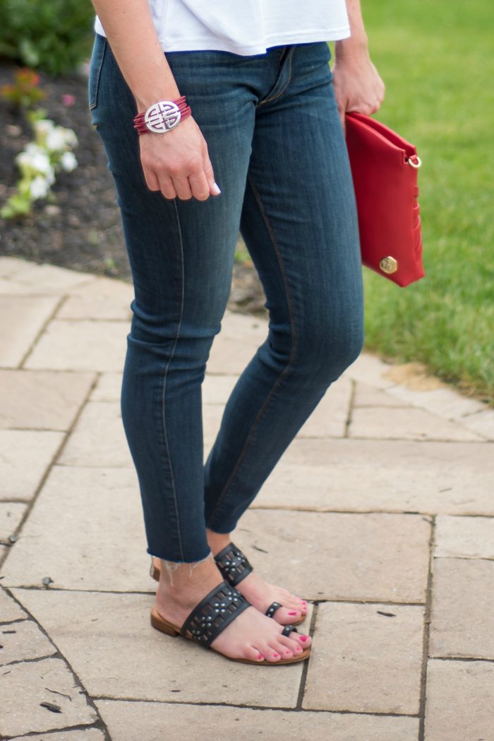 A summer outfit featuring HSN's Alice Through The Looking Glass Collection: Vince Camuto Leather Time Clutch and Roberto Pavé Station Multi-Row 7″ Cord Bracelet and Vince Camuto Leather Toe Ring Flat Sandals