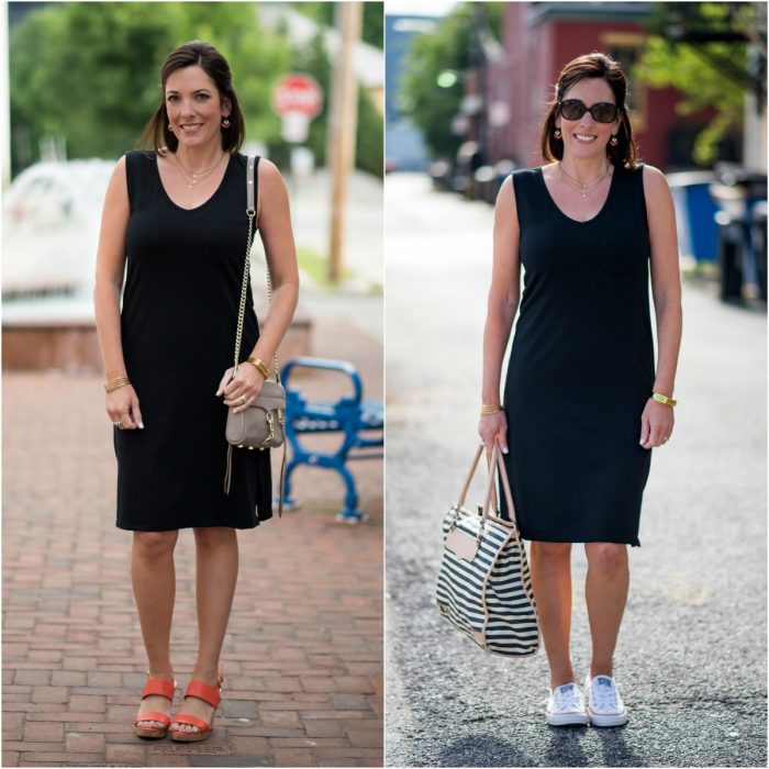 I styled this casual black dress with Converse Shoreline sneakers and also with a bright orange wedge sandal.