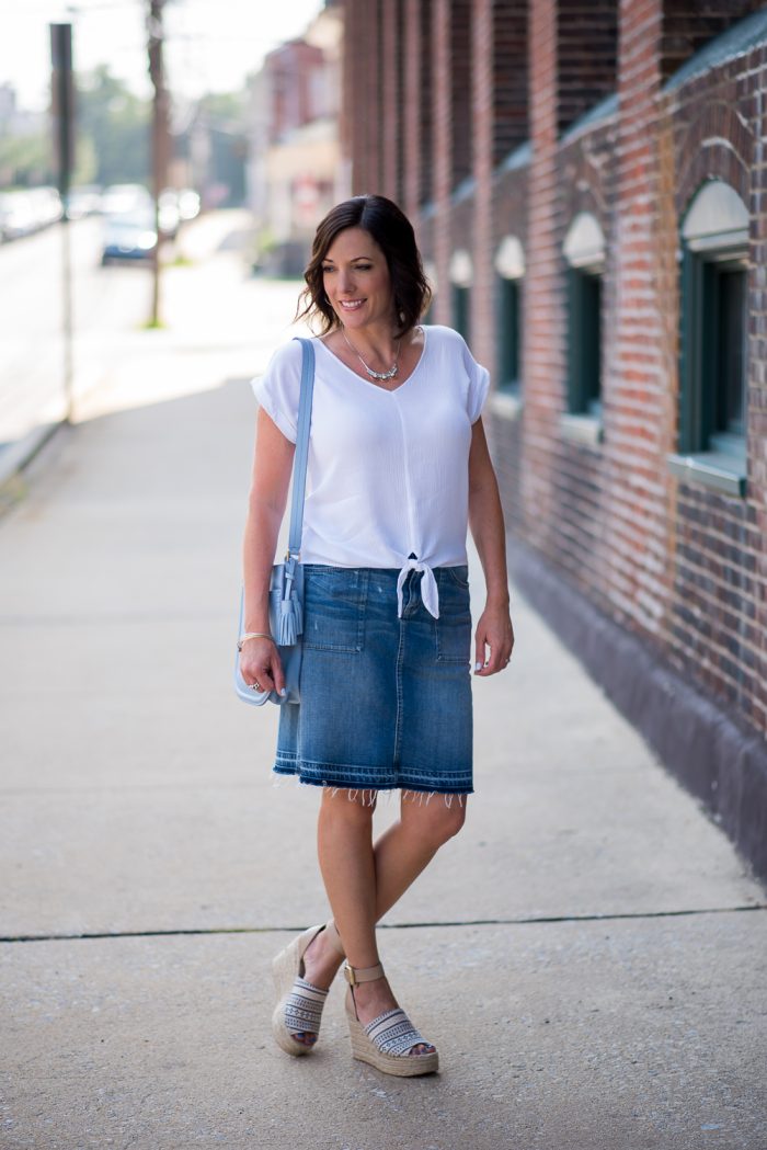 This denim and white outfit with Marc Fisher Adalyn espadrilles is a fresh and easy look for summer. Fashion Over 40