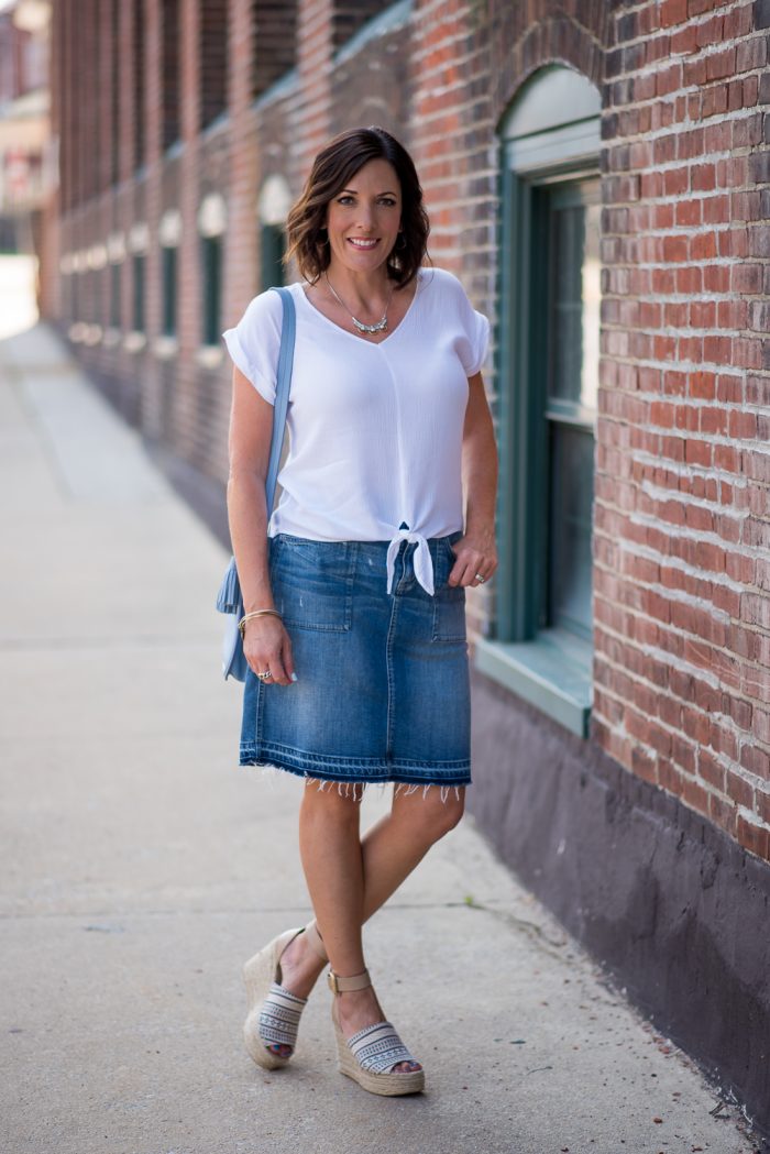 This denim and white outfit with patterned espadrilles is a fresh and easy look for summer. See how I put this outfit together and where to find these popular shoes!