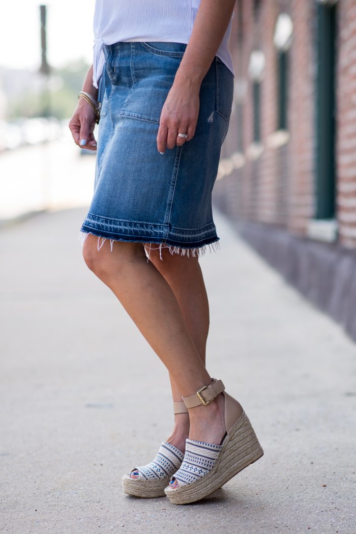 A denim skirt with Marc Fisher Adalyn espadrille wedges is the perfect casual summer combo!