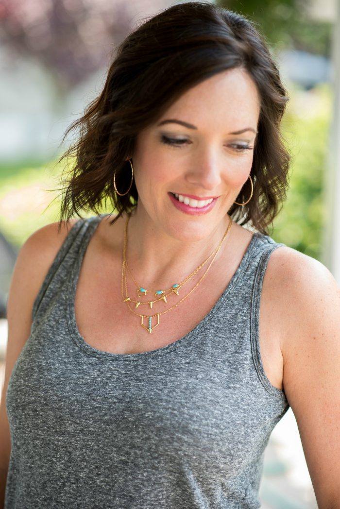 This turquoise stone layering necklace from Stella & Dot elevates a basic grey tank for a stylish fashion statement!