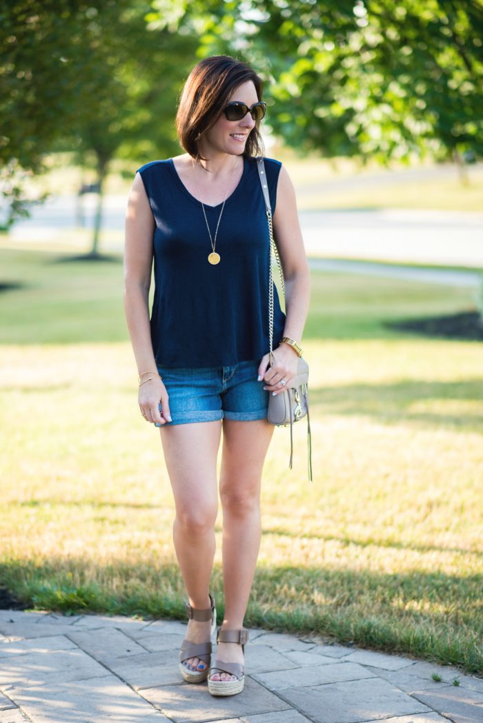 These Sole Society Audrina flatform espadrille sandals with Joe's Jeans rolled hem denim shorts and LOFT linen sleeveless v-neck is the perfect summer outfit for the modern mom about town. Fashion for Women Over 40