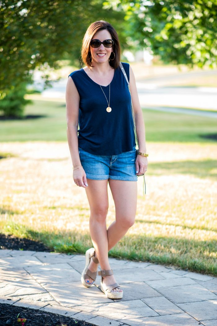 These Sole Society Audrina flatform espadrille sandals with Joe's Jeans rolled hem denim shorts and LOFT linen sleeveless v-neck is the perfect summer outfit for the modern mom about town. Fashion for Women Over 40
