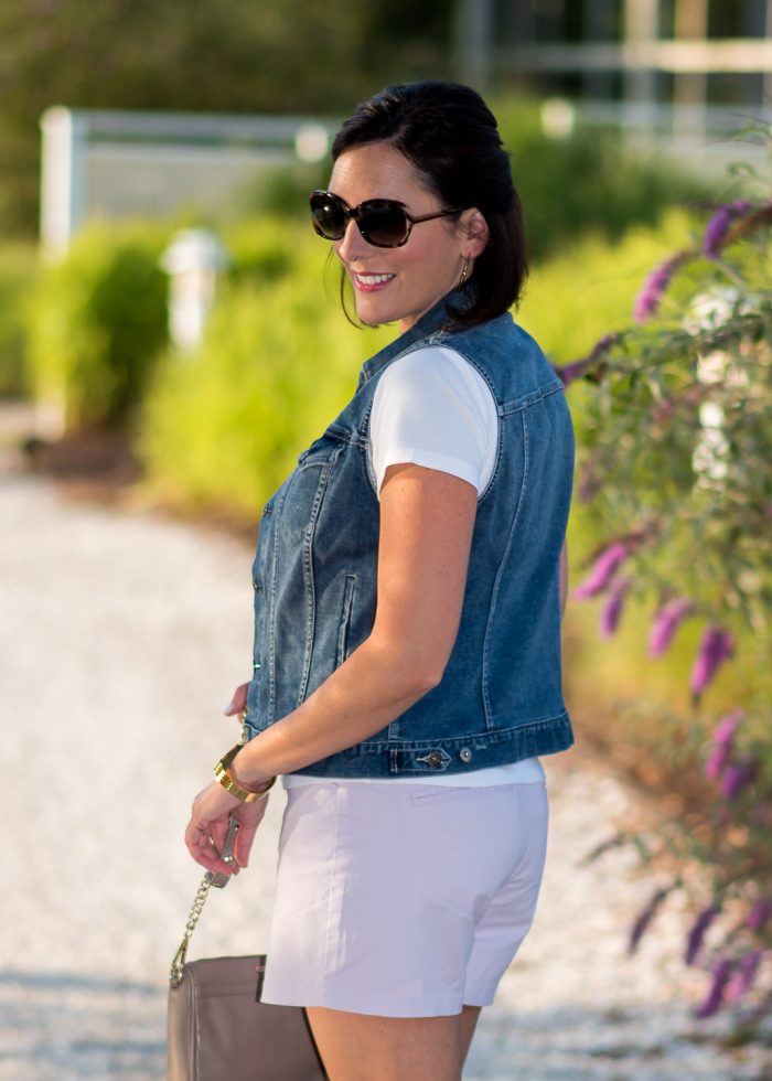 Summer Shorts Outfit: Chino Shorts with T-Shirt and Denim Vest | Fashion Over 40