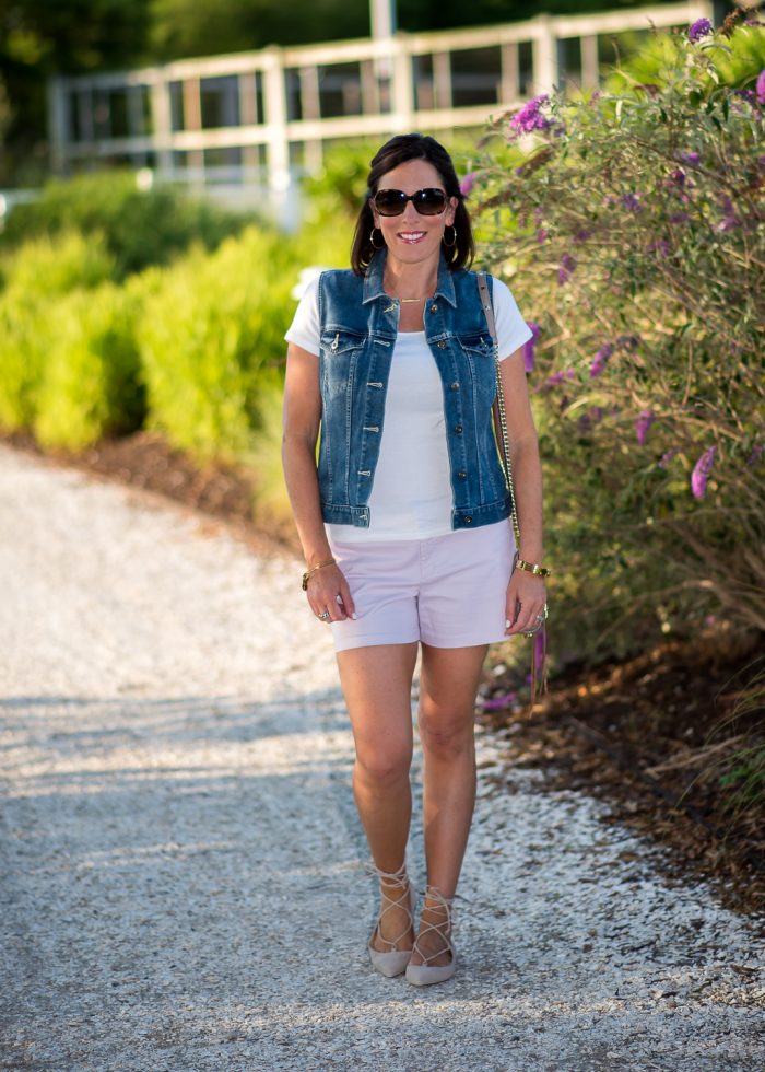 Lace-up flats with shorts is a fresh, fun look for summer, featuring Old Navy Pixie Chino Shorts and M.Gemi Brezza Lace Up Flats in Latte.