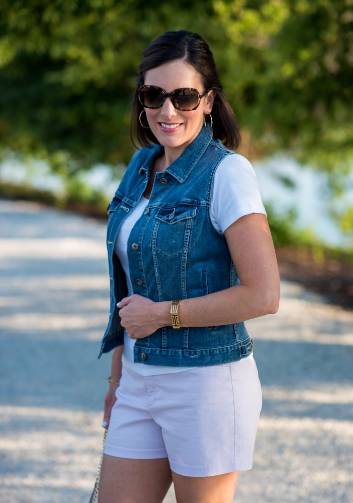 Summer Outfit for Women Over 40: Chino Shorts with t-shirt and denim vest