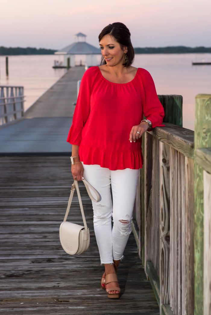 Summer Date Night Outfit: Red Off-the-Shoulder Top with White Jeans and Nude Wedge Sandals