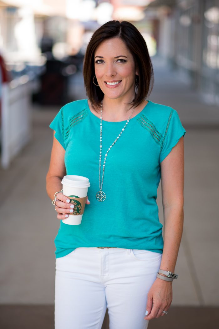 teal lace ladder tee with coffee