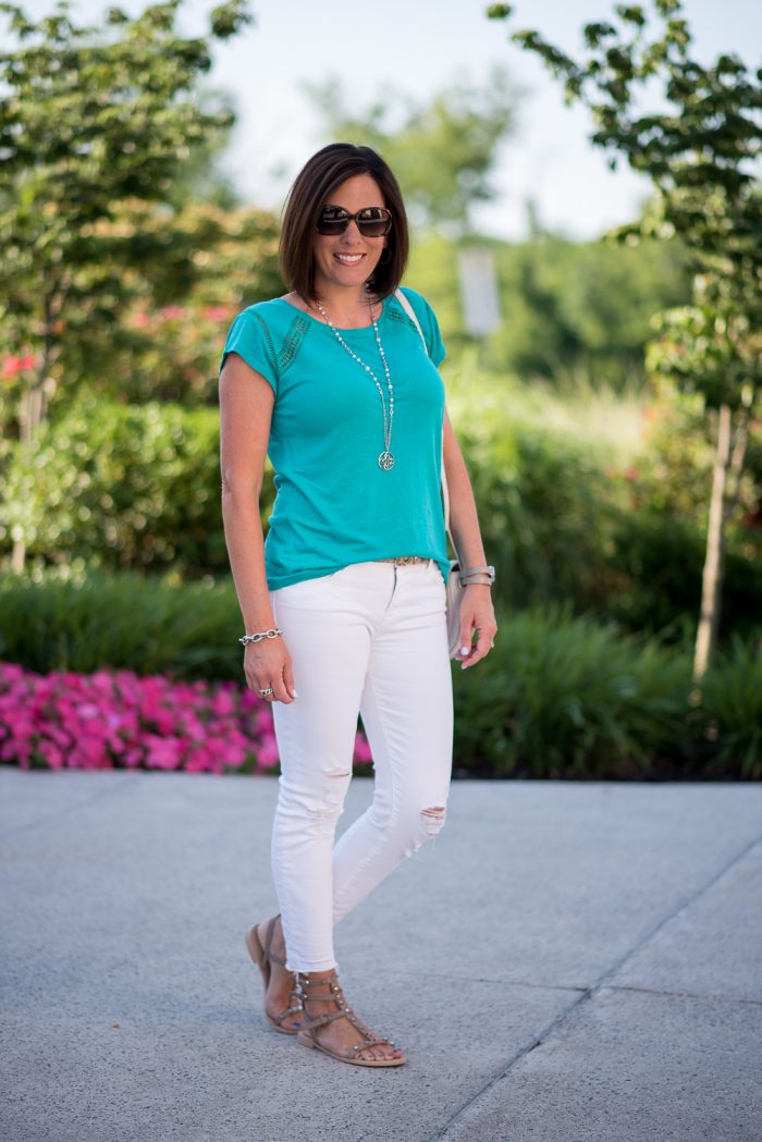 This teal ladder lace linen top is stunning paired with white jeans. The studded gladiator sandals are the perfectly chic finishing touch!