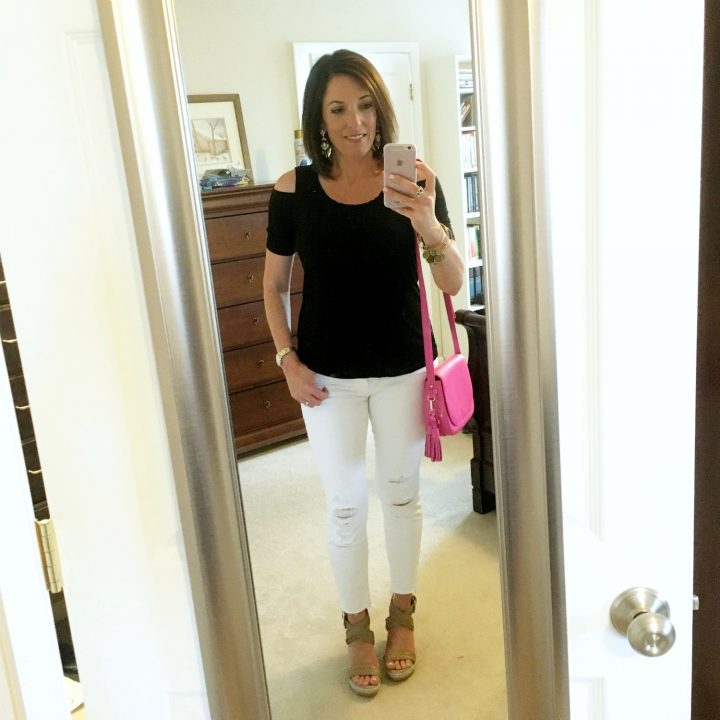 Summer Date Night Outfit for Women Over 35 -- Splendid Rayon Jersey Cold Shoulder Tee with J. Brand Crop Jeans and Stuart Weitzman Elixir Wedge Sandals