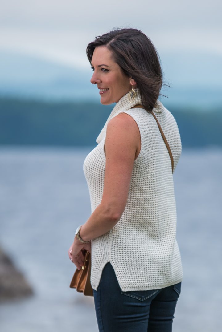 An early fall outfit featuring the Two by Vince Camuto Sleeveless Waffle Stitch Cowl Neck Sweater in Antique White