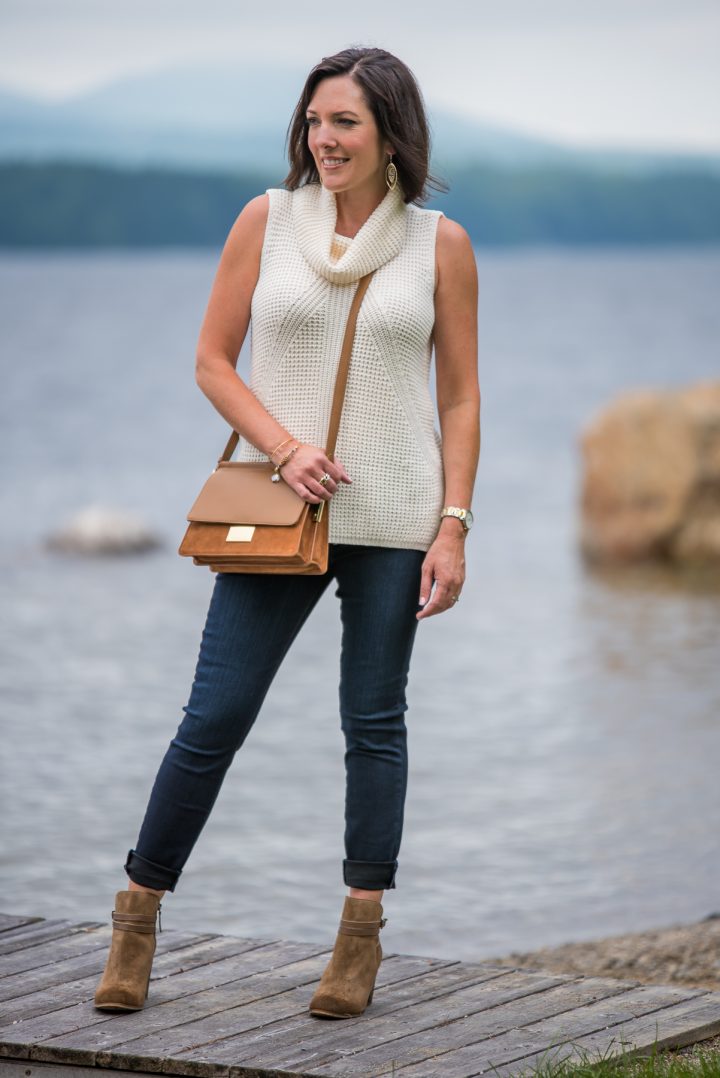 An early fall outfit featuring the a Sleeveless Waffle Stitch Cowl Neck Sweater and the Abril Shoulder Bag
