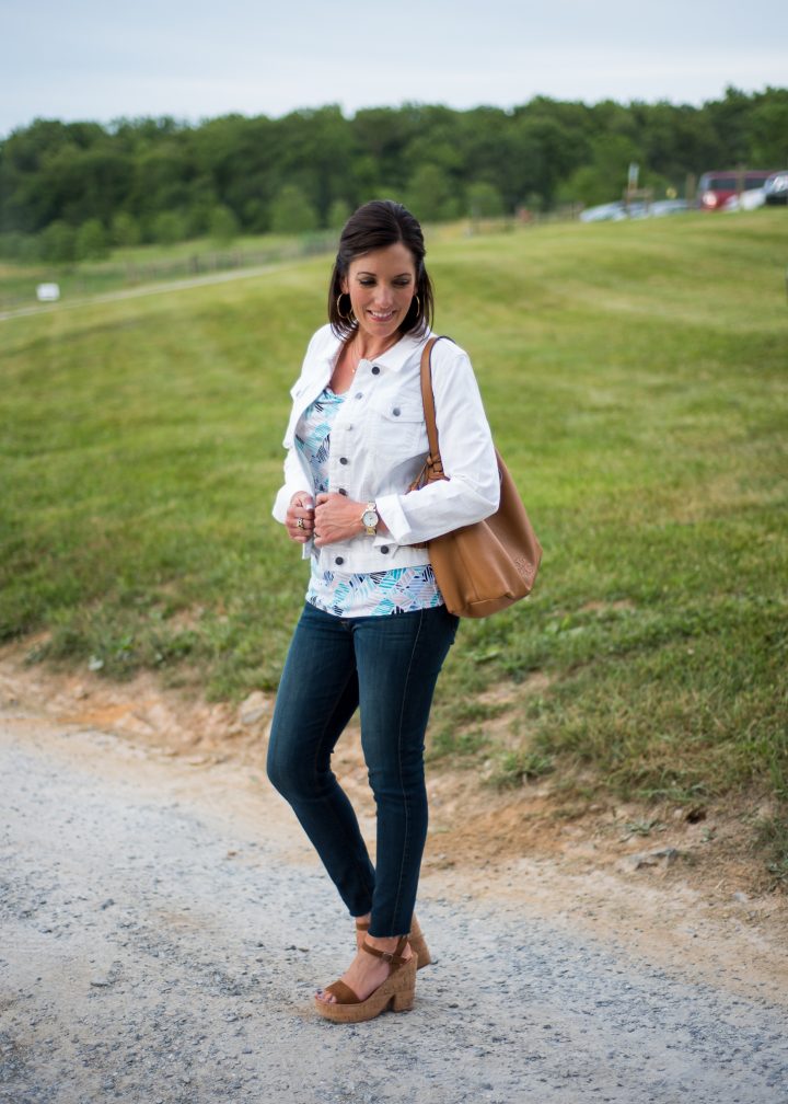 Summer Date Night Outfit: printed drape neck shell with white denim jacket, dark wash ankle jeans and platform sandals