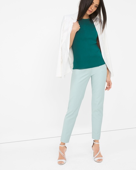 summer outfit ideas for work: mint ankle pants with teal cami and white blazer