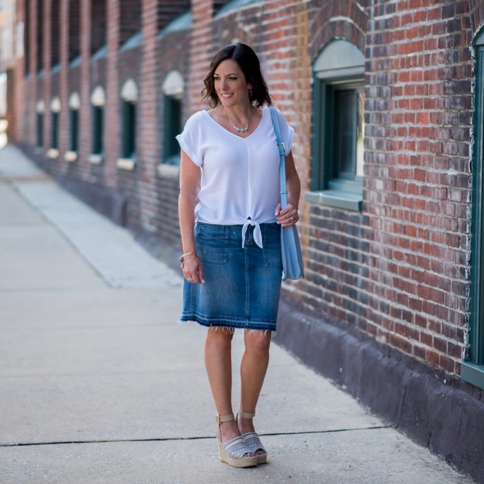 white tie front top jean skirt marc fisher espadrilles