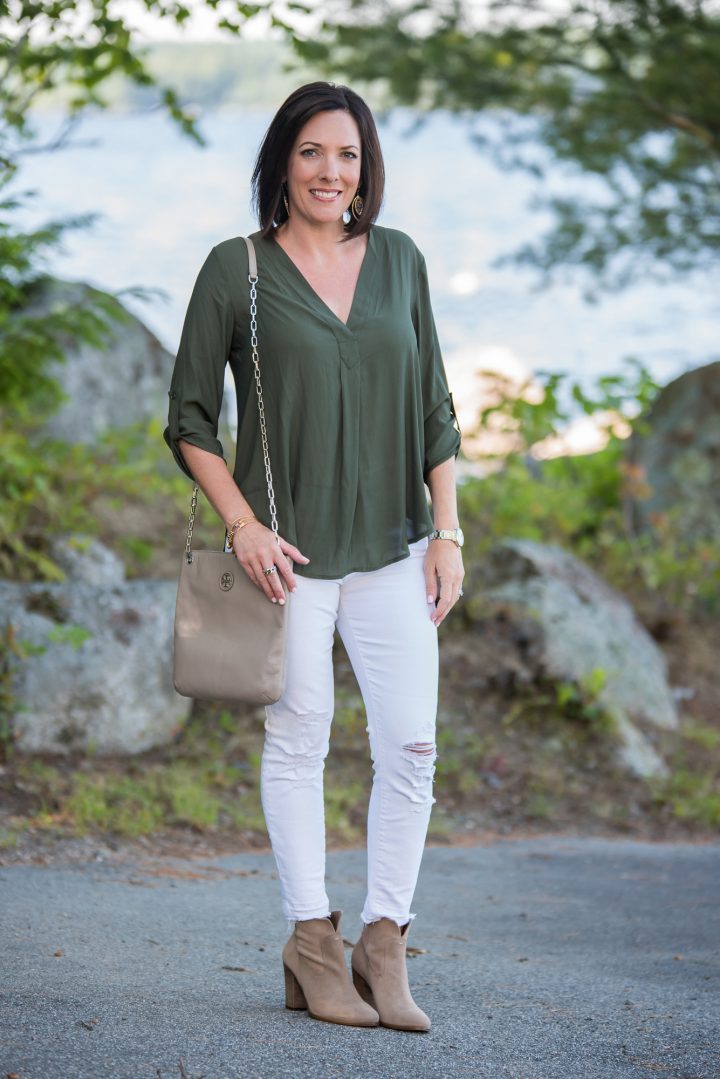 Fall Transition Outfit: Lush Crepe Blouse in Grape Leaf with White J Brand Jeans and Vince Camuto Feina Booties