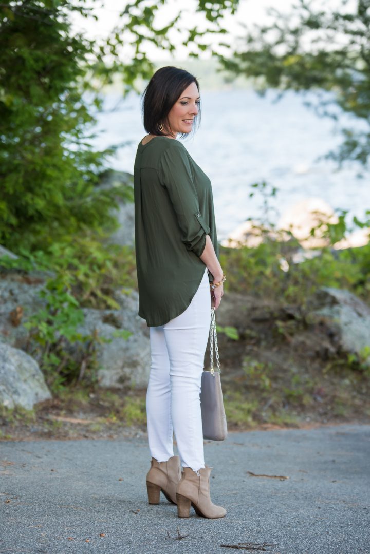 Transition Outfit: Olive Lush Crepe Blouse with White J Brand Crop Jeans and Vince Camuto Feina Booties