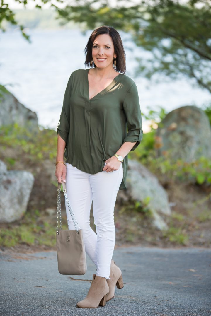 Transition Outfit: Olive Lush Crepe Blouse with White J Brand Crop Jeans and Vince Camuto Feina Booties