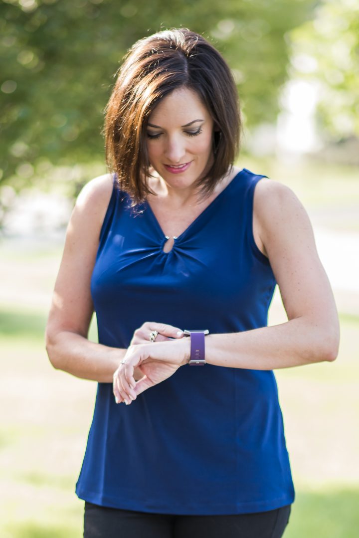 Staying in Shape with Style: Susan Graver Liquid Knit Tank with black skinny pants and Fitbit Blaze Fitness Watch