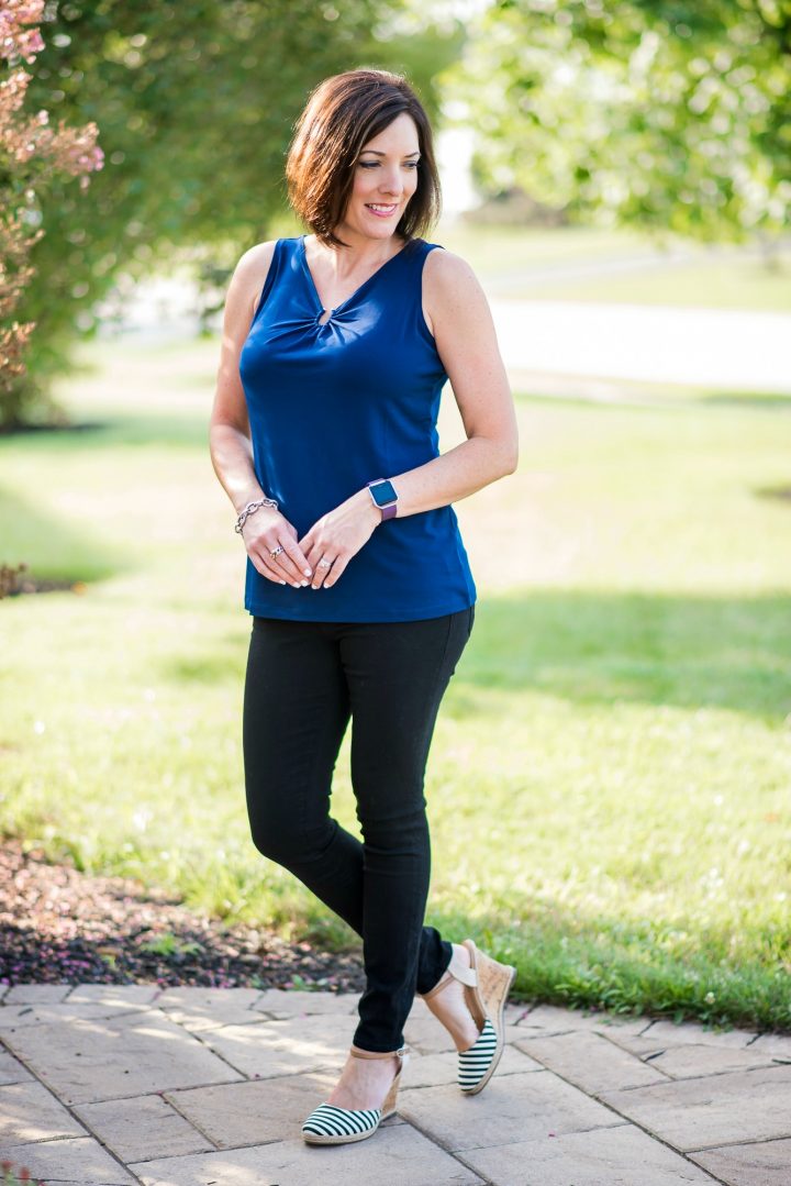 Staying in Shape with Style: Susan Graver Liquid Knit Tank with black skinny pants and Fitbit Blaze Fitness Watch