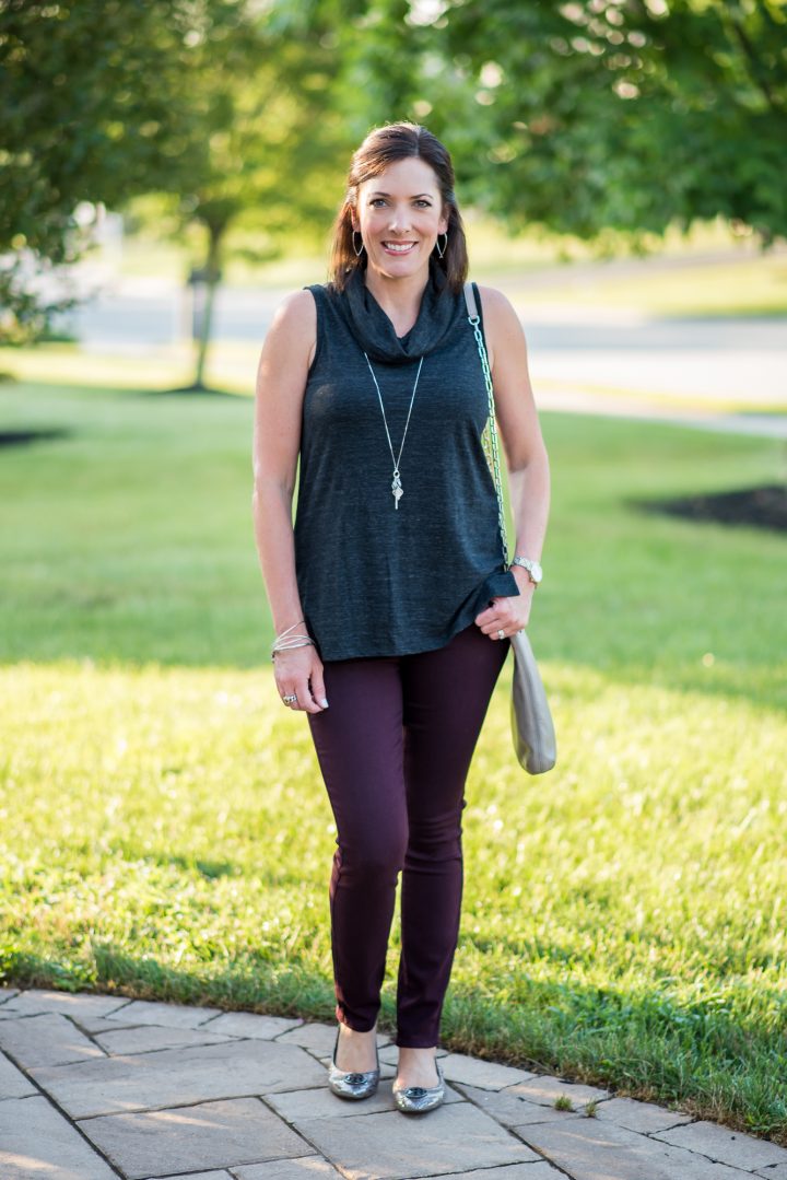 Early Fall Outfit Inspo: Charcoal + Plum featuring Two By Vince Camuto Sleeveless Cowl Neck Top, Paige Verdugo Ankle Skinny Jeans in Aubergine, Tory Burch Heidi Ballet Flats and Convertible Leather Crossbody Bag | Jo-Lynne Shane | Wearable Fashion for Women Over 40