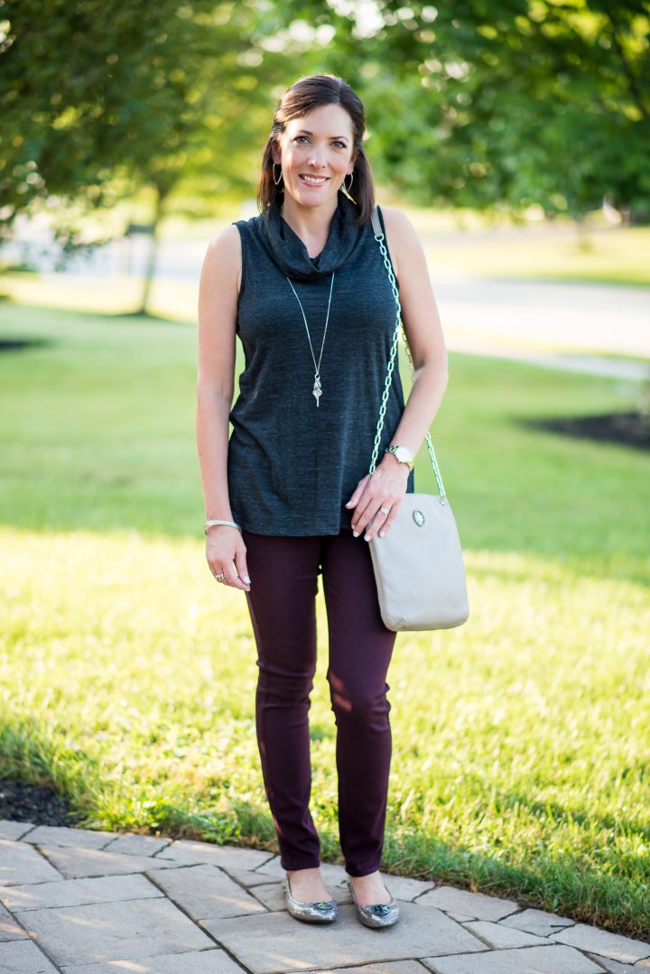 Casual Early Fall Outfit Inspo: Charcoal + Plum featuring Two By Vince Camuto Sleeveless Cowl Neck Top, Paige Verdugo Ankle Skinny Jeans in Aubergine, Tory Burch Heidi Ballet Flats and Convertible Leather Crossbody Bag