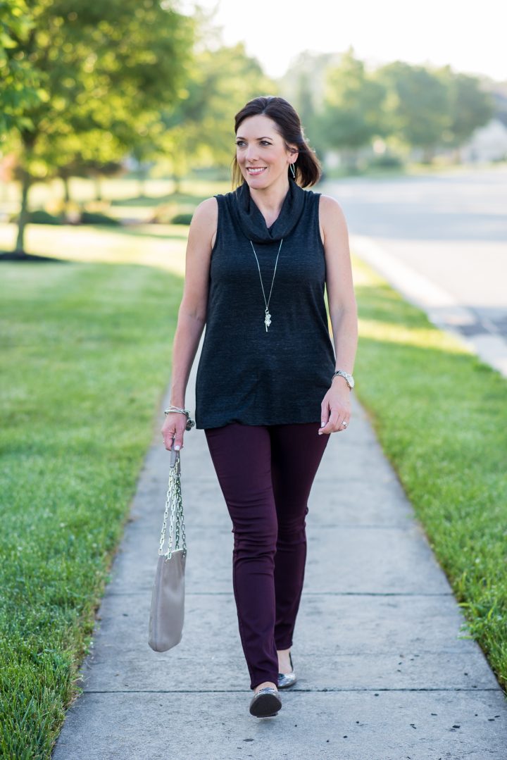 Early Fall Outfit Inspo: Charcoal + Plum featuring Two By Vince Camuto Sleeveless Cowl Neck Top, Paige Verdugo Ankle Skinny Jeans in Aubergine, Tory Burch Heidi Ballet Flats and Convertible Leather Crossbody Bag
