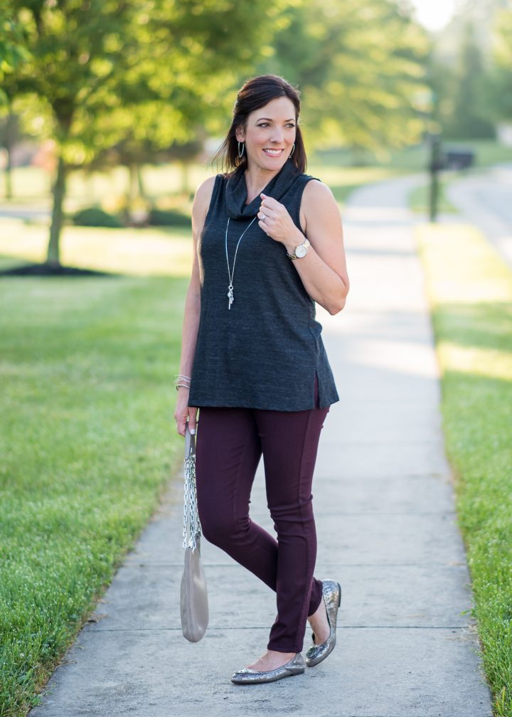 Early Fall Outfit Inspo: Charcoal + Plum featuring Two By Vince Camuto Sleeveless Cowl Neck Top, Paige Verdugo Ankle Skinny Jeans in Aubergine, Tory Burch Heidi Ballet Flats and Convertible Leather Crossbody Bag | Jo-Lynne Shane