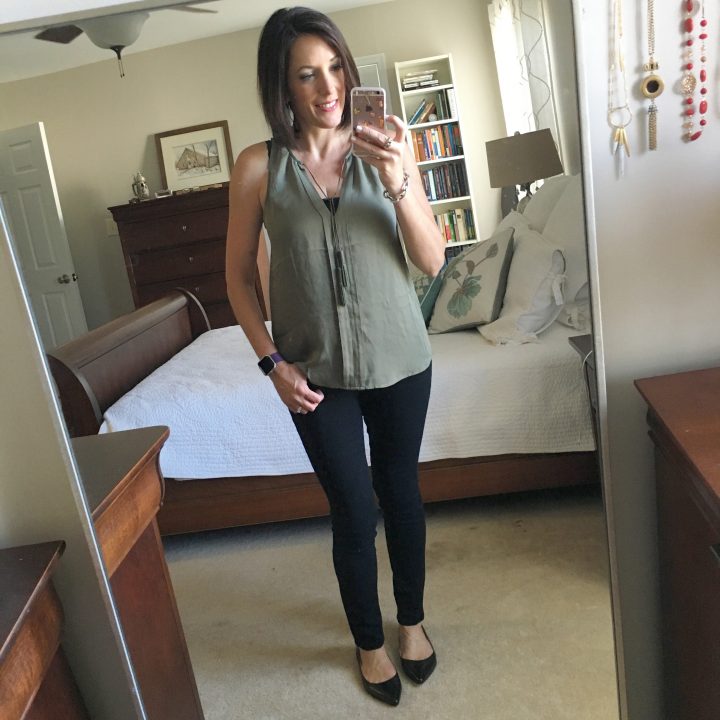 joie olive tank with black jeans