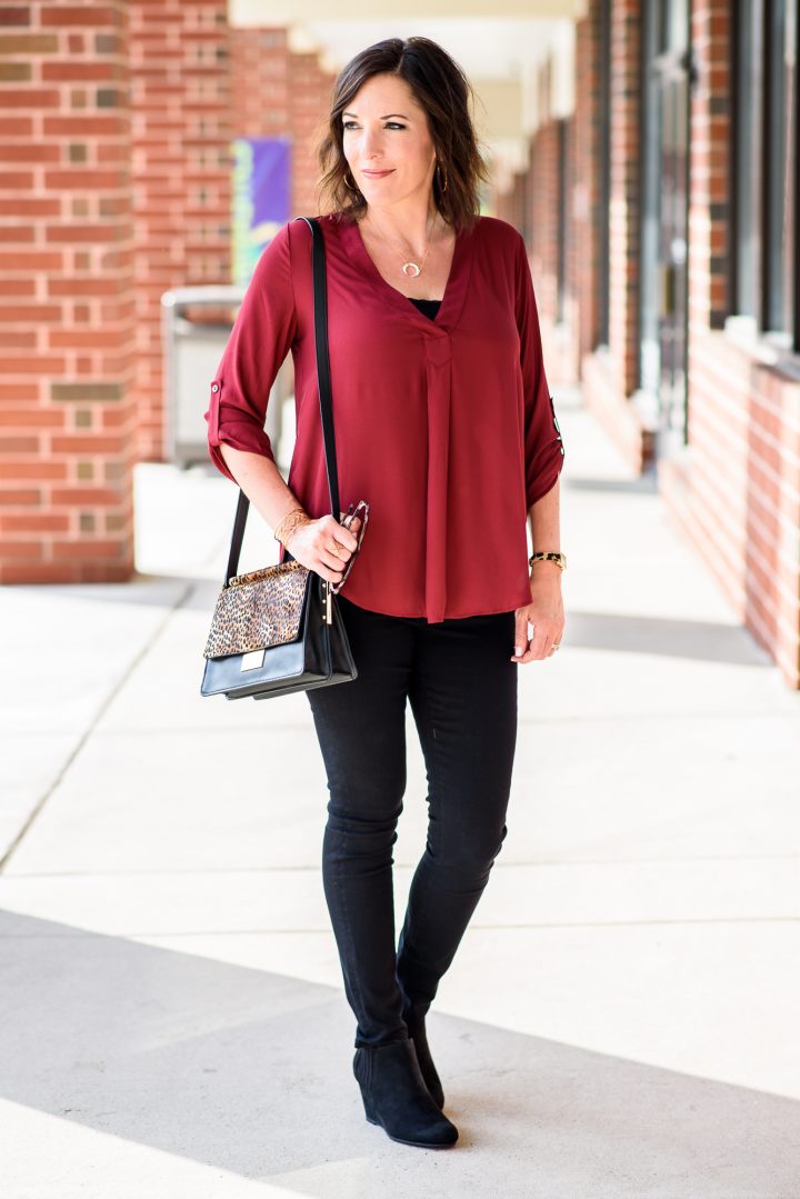 Lush V-Neck Blouse and Black Frame Le Color Skinny Jeans with black booties
