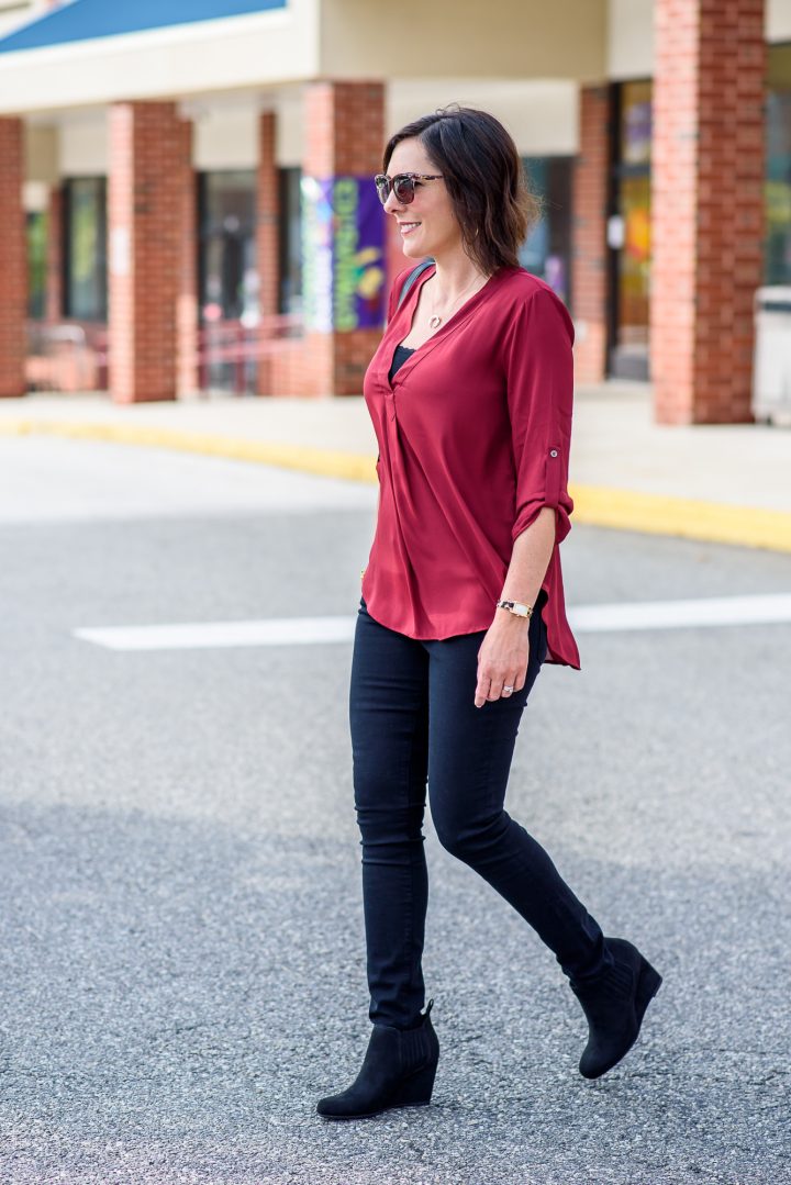 Fall Outfit Inspiration: burgundy blouse with black jeans and black wedge booties