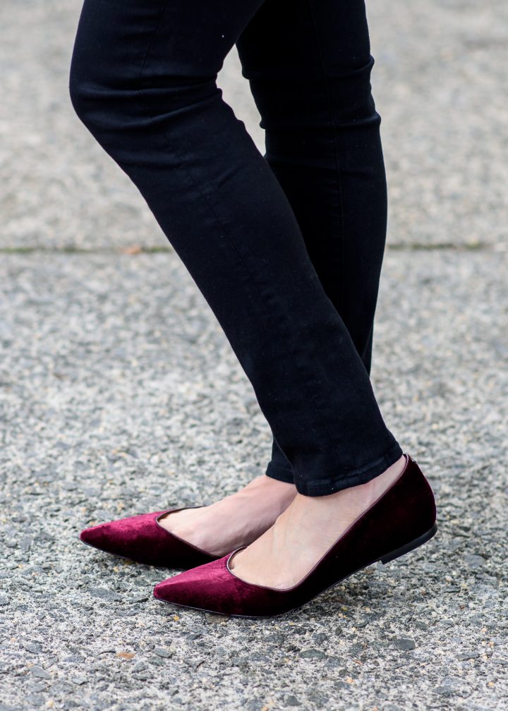 Jazz up an all black outfit with red velvet shoes!