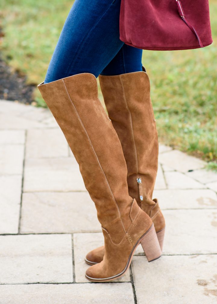 I'm styling a blanket scarf and over the knee boots for a fun fall look!